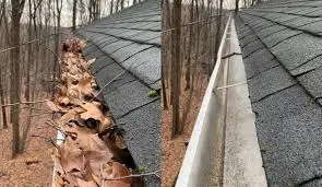 Before and after picture of the gutter cleaning